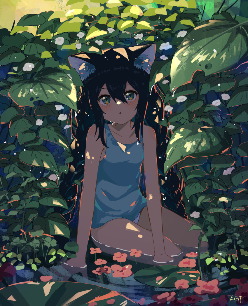 1girl :o absurdres animal_ears bare_arms bare_legs black_hair blush english_commentary flower foliage green_eyes highres kgt_(pixiv12957613) leaf lily_pad long_hair looking_at_viewer nature original outdoors partially_submerged plant scenery signature sitting solo tank_top very_long_hair water water_drop