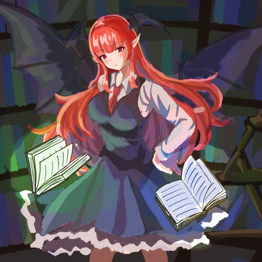 1girl blush book bookshelf breasts head_wings highres holding holding_book koakuma large_breasts long_hair long_sleeves looking_at_viewer necktie pointy_ears red_eyes red_neckwear redhead shirt sketch_book27 skirt solo touhou vest wings