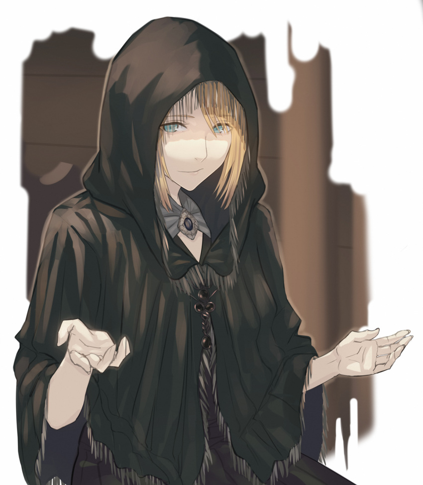 1girl asakiri_koko black_dress blonde_hair blue_eyes brooch capelet closed_mouth dress elden_ring fia_the_deathbed_companion green_capelet hands_up highres hood hood_up hooded_capelet jewelry looking_at_viewer sitting smile solo