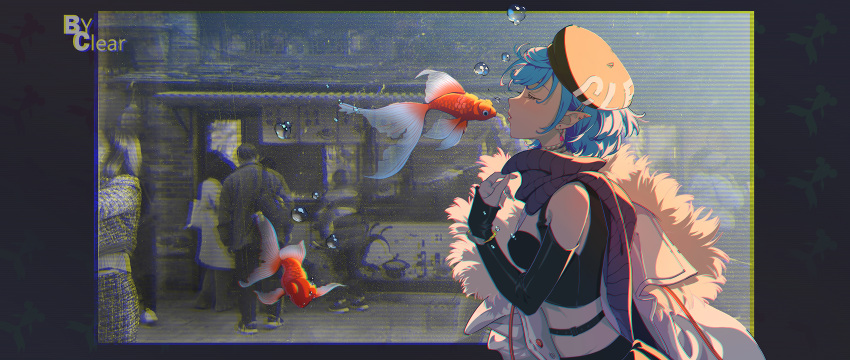 1girl artist_name belt black_clothes blue_hair bubble caolao_bingren choker earrings evening fish goldfish grey_background hat highres jacket jewelry market original pointy_ears ring scarf underwater