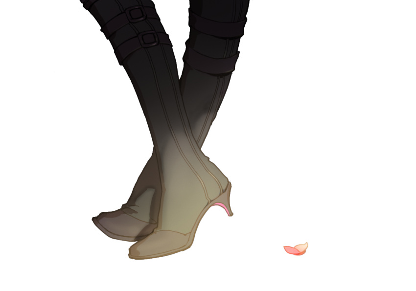 1boy black_footwear black_legwear contrapposto feet_only from_side high_heels kashuu_kiyomitsu male_focus out_of_frame pantyhose petals ruint shin_guards simple_background solo standing tiptoes touken_ranbu white_background