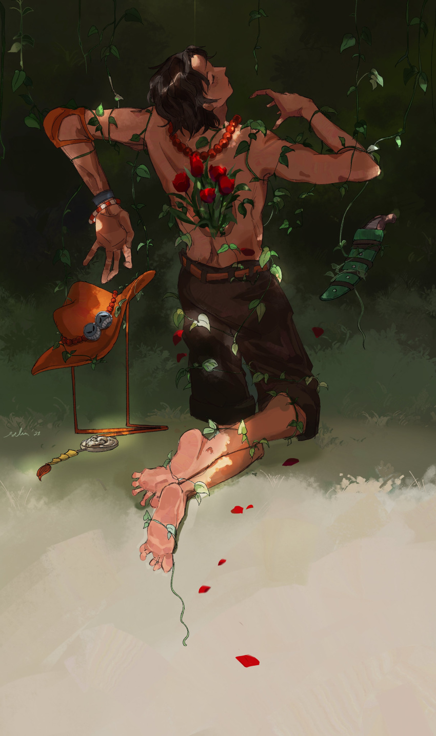 1boy absurdres avenoirn barefoot bead_necklace beads bracelet death flower from_behind hat hat_removed headwear_removed highres jewelry kneeling male_focus necklace one_piece outdoors plant portgas_d._ace rose solo symbolism topless_male vines