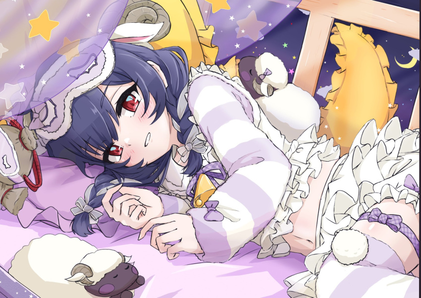 animal_ears bangs bed bed_sheet black_hair blush bow bowtie braid commentary_request eyebrows_visible_through_hair fake_animal_ears frills highres horns howaso idolmaster idolmaster_shiny_colors long_sleeves looking_at_viewer lying medium_hair midriff moon morino_rinze navel pajamas pillow pom_pom_(clothes) purple_pajamas red_eyes see-through sheep sheep_ears sheep_horns sky smile solo star_(sky) starry_sky striped striped_legwear striped_pajamas stuffed_toy thigh_strap window