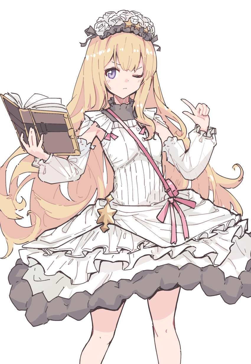 1girl absurdres bangs blonde_hair book cagliostro_(granblue_fantasy) closed_mouth detached_sleeves dress english_commentary feet_out_of_frame flower frown granblue_fantasy hair_flower hair_ornament hairband highres holding holding_book index_finger_raised layered_dress long_hair looking_at_viewer lyrinne one_eye_closed open_book simple_background sleeveless sleeveless_dress solo violet_eyes white_background white_dress