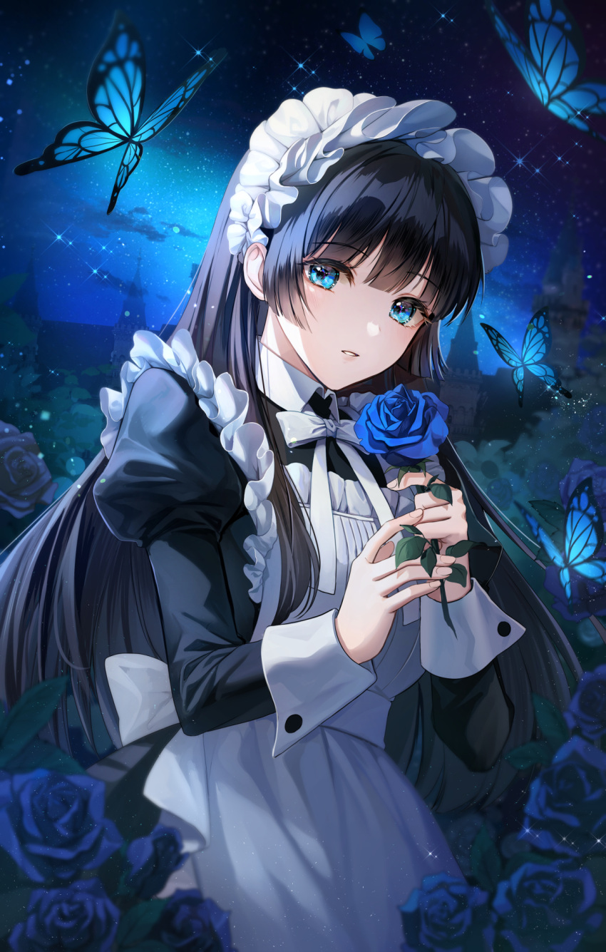 1girl apron bangs black_hair blue_eyes blue_flower blue_rose blunt_bangs bug butterfly castle collar eyebrows_visible_through_hair flower highres holding holding_flower juliet_sleeves long_hair long_sleeves looking_at_viewer maid maid_apron maid_headdress night night_sky original outdoors parted_lips plus1024 puffy_sleeves rose sky solo star_(sky) starry_sky wrist_cuffs