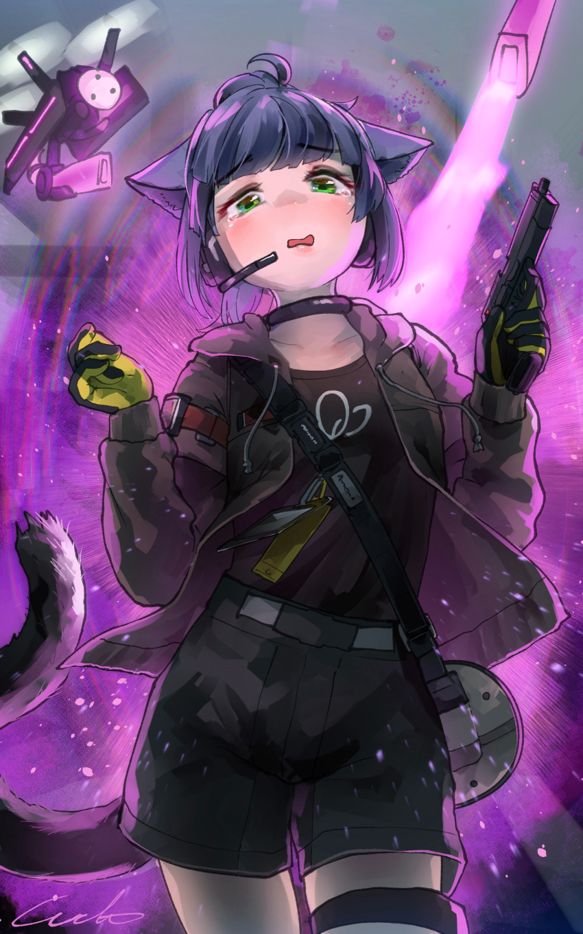 1girl absurdres animal_ears arknights black_collar black_gloves black_jacket black_shirt black_shorts blue_hair cat_ears collar collarbone cowboy_shot drone eyebrows_visible_through_hair gloves green_eyes gun handgun hands_up headset highres holding holding_gun holding_weapon implied_extra_ears jacket jessica_(arknights) open_clothes open_jacket shirt shorts solo tearing_up thigh_strap two-tone_gloves weapon welt_(kinsei_koutenkyoku) yellow_gloves