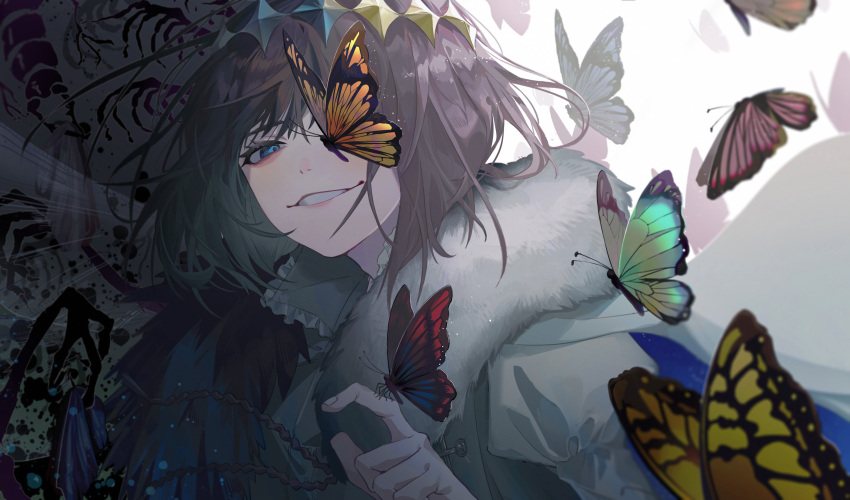 1boy absurdres artist_request bangs bishounen blue_eyes bug butterfly cape cloak crown dark_persona diamond_hairband evil_smile fate/grand_order fate_(series) fur-trimmed_cape fur-trimmed_cloak fur_trim gold_trim highres looking_at_viewer male_focus oberon_(fate) official_alternate_costume one_eye_closed smile solo spoilers transformation white_fur