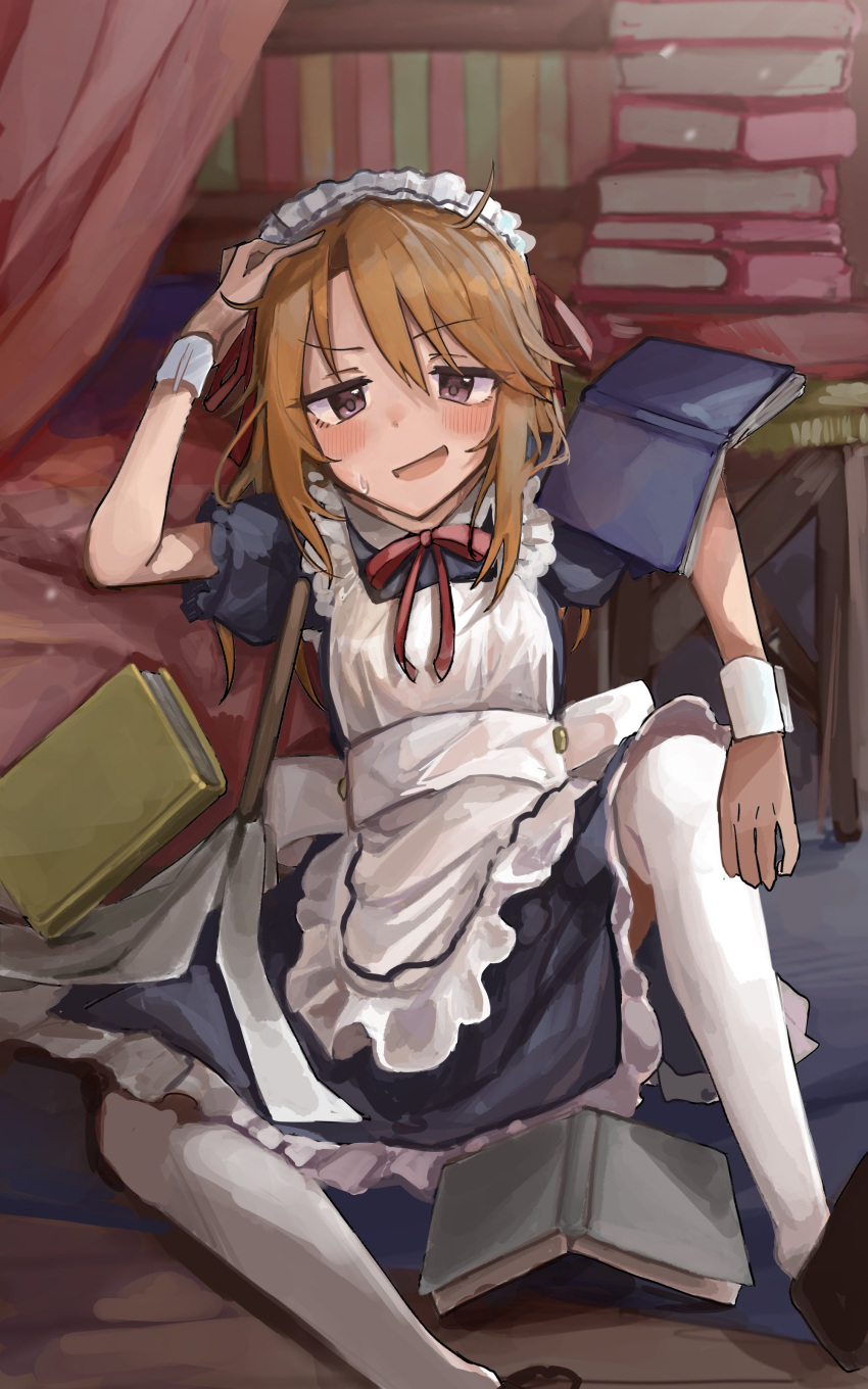 absurdres apron back_bow bangs black_blouse black_skirt blouse blush book book_stack bookshelf bow breasts brown_hair commentary_request duster eyebrows_visible_through_hair frilled_apron frills hachiya_(silica_q) hand_on_own_head highres idolmaster idolmaster_cinderella_girls indoors long_skirt looking_at_viewer maid maid_apron maid_headdress medium_hair messy_hair on_floor open_mouth puffy_short_sleeves puffy_sleeves red_ribbon ribbon short_sleeves skirt small_breasts smile solo sweat thigh-highs violet_eyes white_legwear wrist_cuffs yuuki_haru