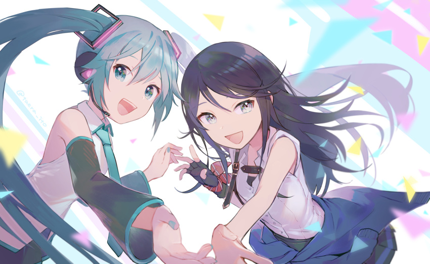 2girls :d aqua_necktie bangs bare_arms bare_shoulders black_gloves black_hair black_sleeves blue_eyes blue_nails blue_sweater blurry buttons clothes_around_waist collared_shirt depth_of_field detached_sleeves fingerless_gloves fingernails floating_hair gloves grey_eyes hair_between_eyes happy hatsune_miku headset highres hoshino_ichika_(project_sekai) ito_taera light_blue_background long_hair looking_afar looking_at_viewer multicolored_background multiple_girls necktie open_mouth pink_background project_sekai red_ribbon ribbon shirt sideways_glance simple_background single_glove sleeveless sleeveless_shirt smile striped striped_background striped_ribbon suspenders sweater sweater_around_waist swept_bangs teeth triangle tsurime twintails twitter_username upper_teeth very_long_hair vocaloid white_background white_shirt wrist_ribbon