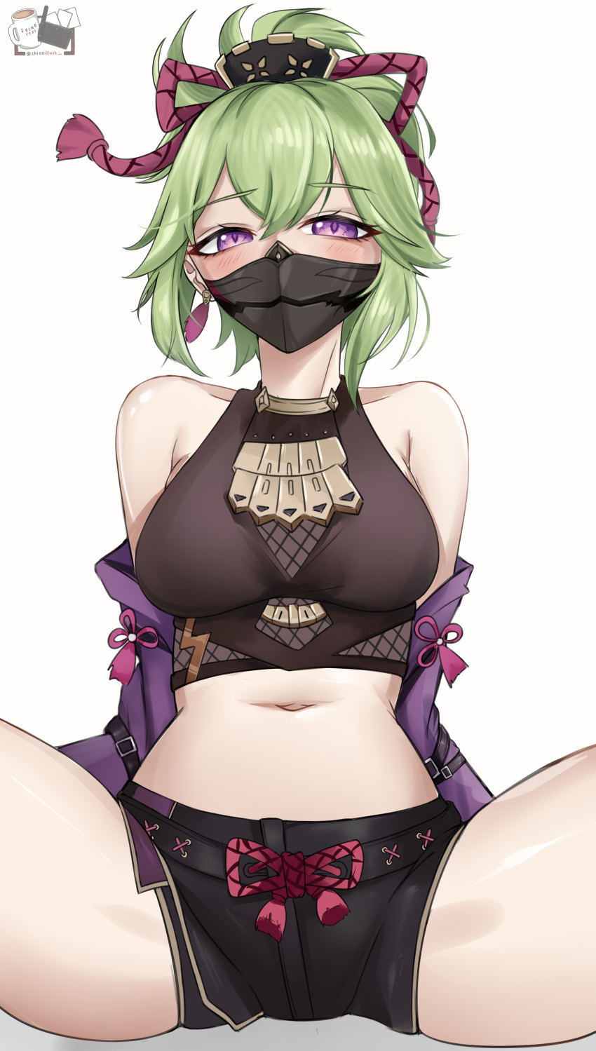 1girl absurdres bare_shoulders black_mask black_shorts blush breasts covered_mouth crop_top detached_sleeves drawstring dynorz earrings fishnets genshin_impact green_hair hair_ornament highres jewelry kuki_shinobu looking_at_viewer mask mouth_mask navel ninja_mask off_shoulder ponytail shorts simple_background sitting solo spread_legs tassel tassel_earrings violet_eyes white_background