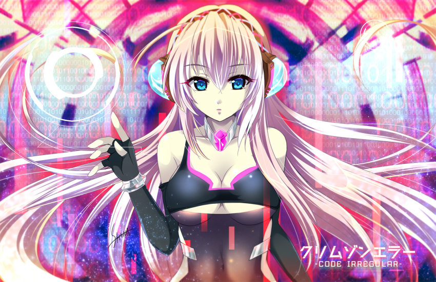 1girl absurdly_long_hair alternate_costume artist_name bare_shoulders blue_eyes child-box choker elbow_gloves eyebrows_visible_through_hair fingerless_gloves gloves headphones long_hair looking_at_viewer megurine_luka nose open_clothes pink_hair signature solo song_name song_request very_long_hair vocaloid