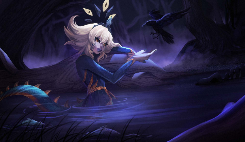 1girl animal bangs bird blue_lips crow deh_sofa flipped_hair forest grey_hair hair_between_eyes highres league_of_legends long_hair long_sleeves nature neeko_(league_of_legends) night orange_eyes outdoors slit_pupils smile solo spiked_tail tail tree water