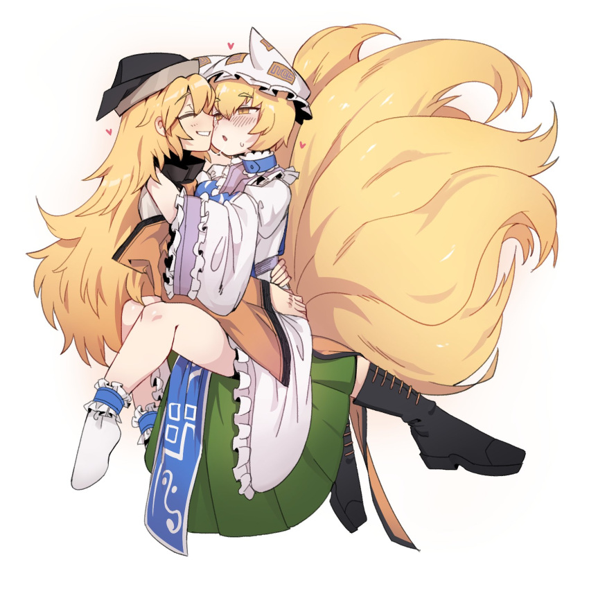 2girls black_footwear black_headwear blonde_hair blush boots closed_eyes closed_mouth commission dress english_commentary eyebrows_visible_through_hair fox_tail green_skirt grin hat heart highres holding_person imminent_kiss kitsune long_hair long_sleeves looking_at_another matara_okina multiple_girls multiple_tails nyong_nyong pillow_hat saliva saliva_trail short_hair simple_background skirt smile sweatdrop tabard tail touhou white_background white_dress white_footwear white_headwear wide_sleeves yakumo_ran yellow_eyes yuri