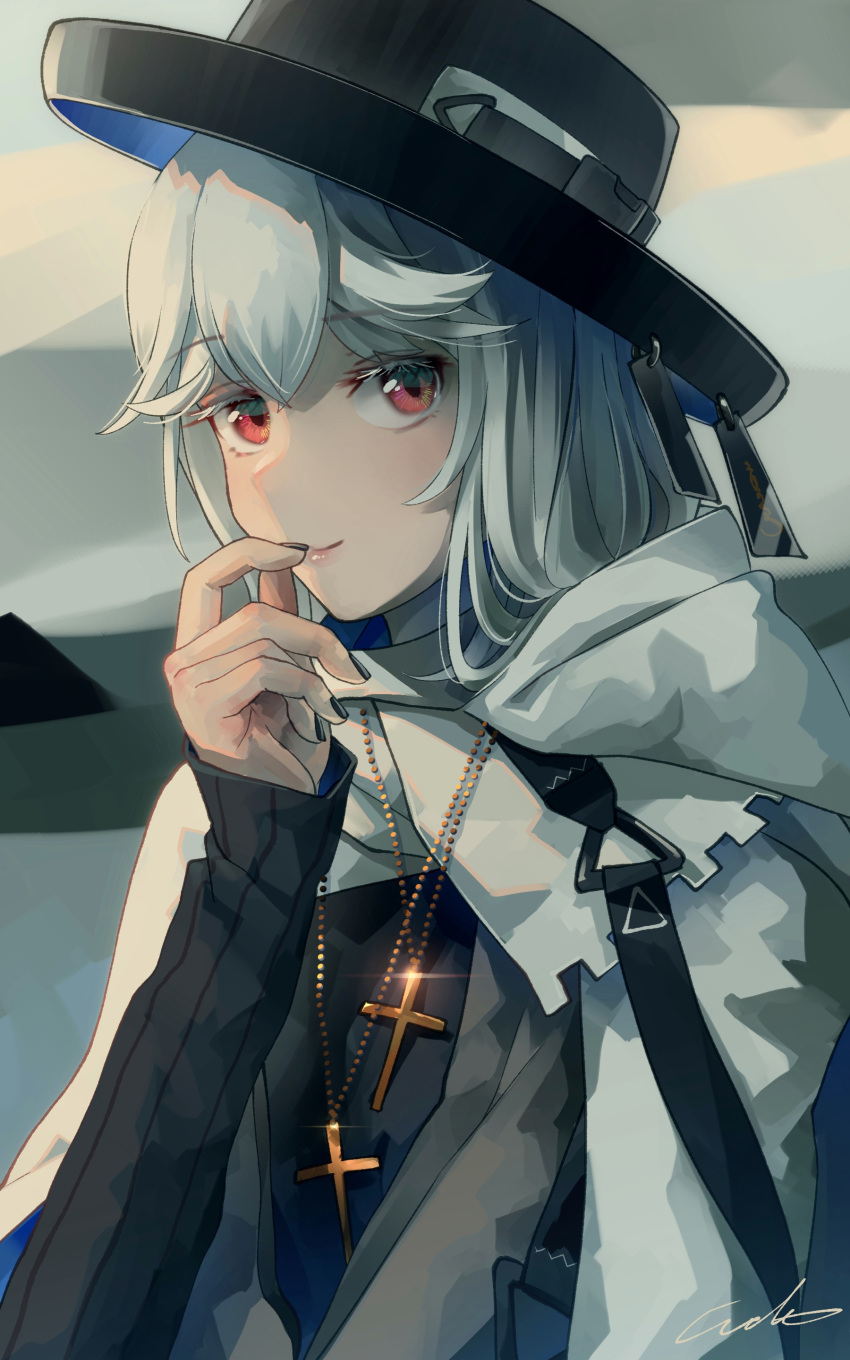1girl absurdres arknights black_headwear black_shirt coat cross cross_necklace eyebrows_visible_through_hair finger_to_mouth grey_background grey_hair hat highres jewelry lips long_hair long_sleeves looking_at_viewer multiple_necklaces necklace official_alternate_costume red_eyes shirt signature solo specter_(arknights) specter_(undercurrent)_(arknights) upper_body welt_(kinsei_koutenkyoku) white_coat