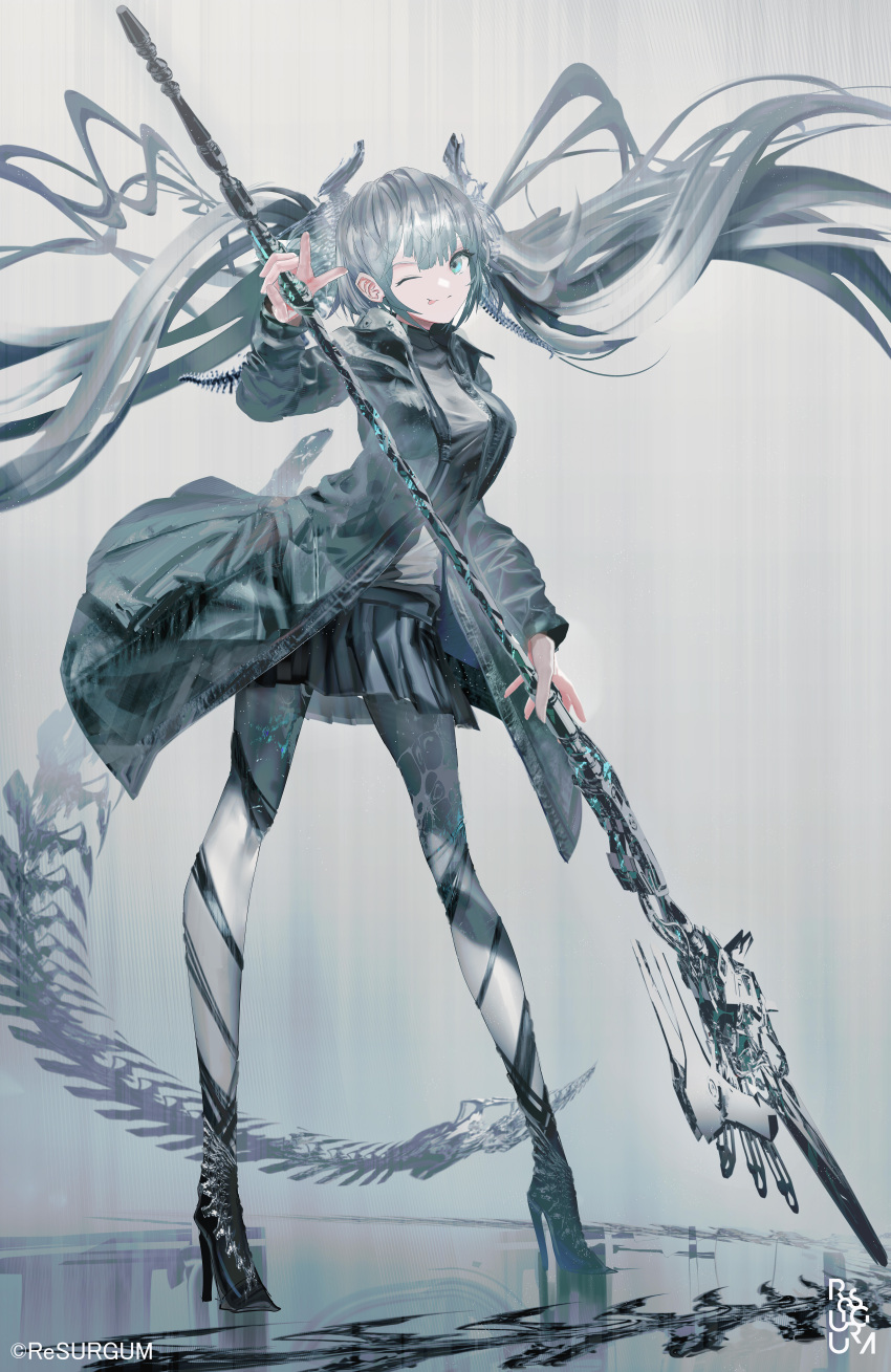 1girl ;p absurdres bangs black_footwear black_jacket black_skirt blue_eyes breasts closed_mouth commentary_request grey_hair grey_legwear grey_shirt high_heels highres holding holding_polearm holding_weapon jacket long_hair looking_at_viewer medium_breasts one_eye_closed open_clothes open_jacket original pantyhose pleated_skirt polearm reflection revision shirt shoes skirt smile solo spear swav tongue tongue_out twintails twitter_username very_long_hair weapon