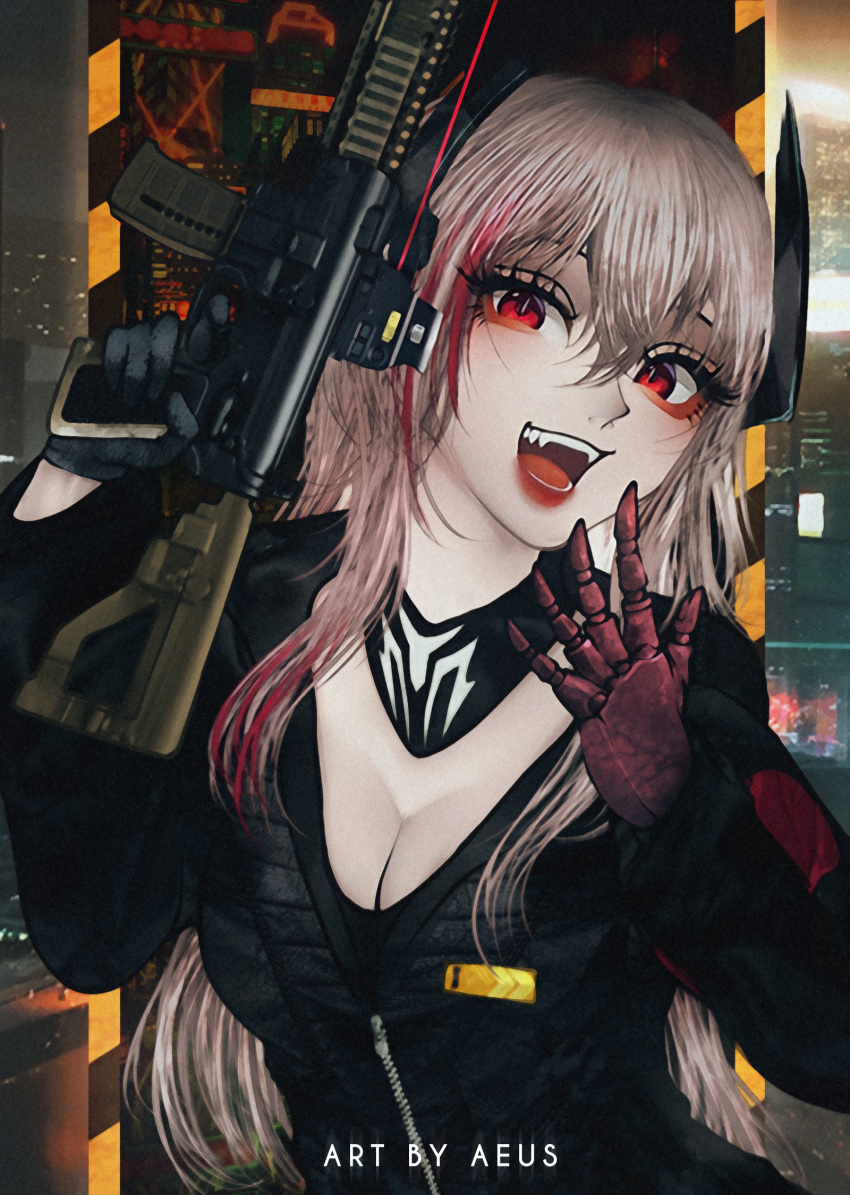 1girl aeus assault_rifle black_gloves black_jumpsuit black_scarf blonde_hair eotech eyebrows fangs girls_frontline gloves gun hair_ornament highres holding holding_gun holding_weapon holster hood hooded_jacket jacket jumpsuit lips looking_at_viewer m4_carbine m4_sopmod_ii_(girls'_frontline) multicolored_hair multiple_boys open_mouth red_eyes redhead rifle scarf smile solo streaked_hair track_jacket two-tone_hair weapon