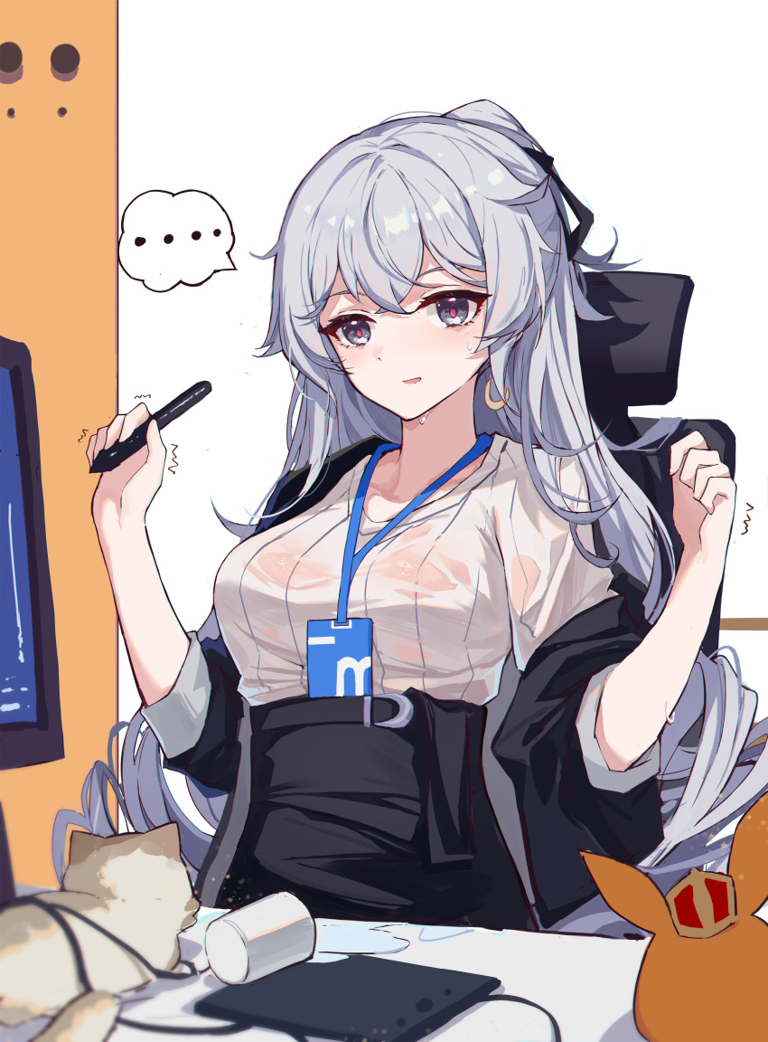 ... 1girl absurdres black_jacket black_skirt breasts bronya_zaychik bronya_zaychik_(silverwing:_n-ex) cat chair earrings grey_eyes hands_up high-waist_skirt highres holding homu_(honkai_impact) honkai_(series) honkai_impact_3rd id_card jacket jewelry lanyard long_hair looking_at_viewer medium_breasts off_shoulder office_chair office_lady open_clothes open_jacket parted_lips ribbed_shirt shirt skirt solo spoken_ellipsis stylus sweat wet wet_clothes wet_shirt white_hair white_shirt yajuu