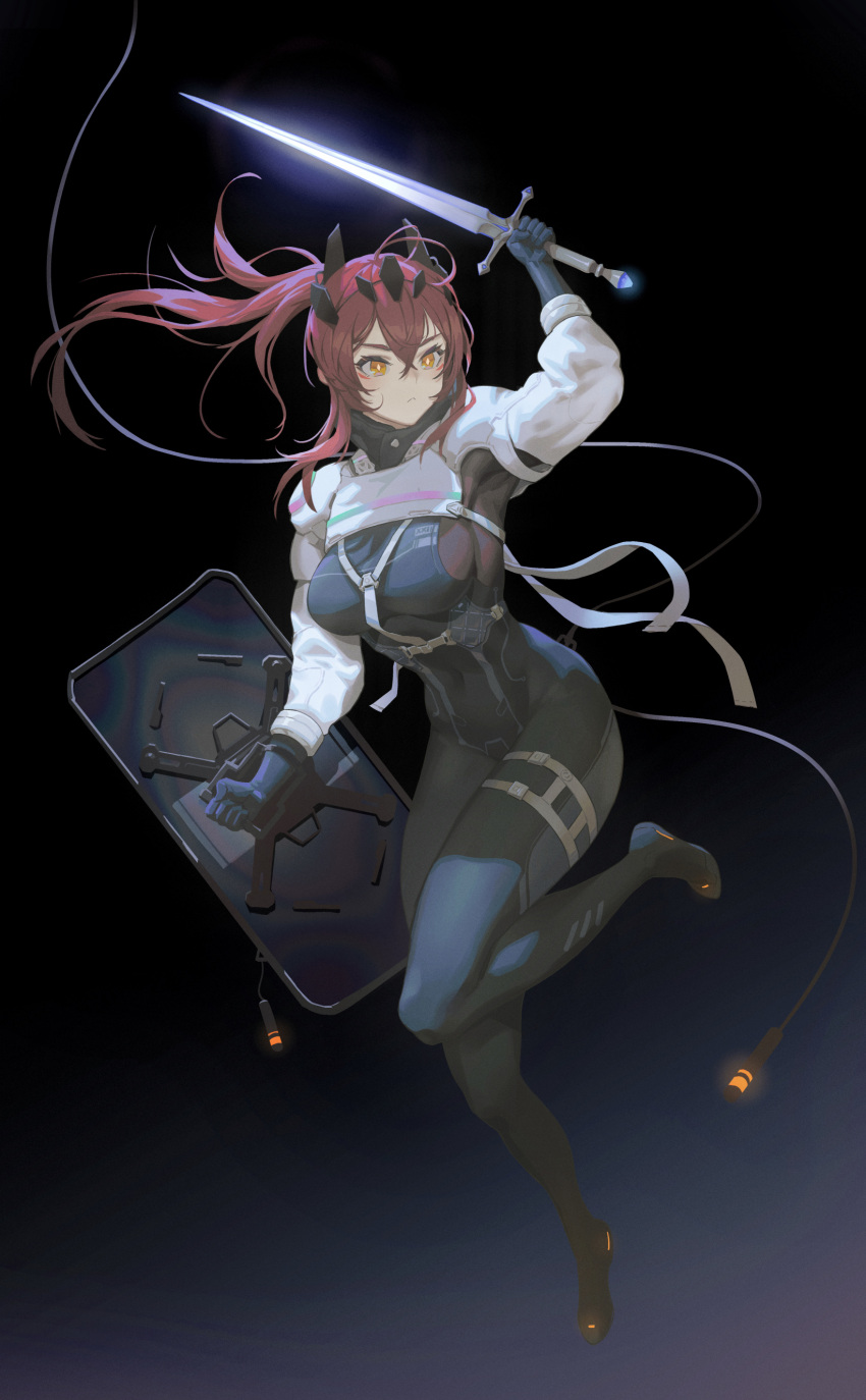 1girl absurdres arm_up black_background bodysuit breasts covered_navel full_body gloves guihuo_inferno hair_between_eyes highres holding holding_shield holding_sword holding_weapon medium_breasts original ponytail redhead shield simple_background solo sword thigh_strap weapon yellow_eyes