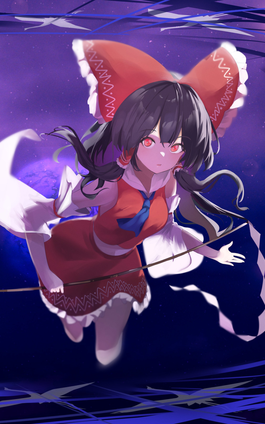 1girl 258n absurdres armpits ascot black_hair bow collar detached_sleeves dream_world_(touhou) earth_(planet) eyebrows_visible_through_hair flying frilled_bow frills gohei hair_bow hair_tubes hakurei_reimu highres japanese_clothes kneehighs large_bow legacy_of_lunatic_kingdom looking_at_viewer medium_hair miko nontraditional_miko planet red_bow red_eyes red_shirt red_skirt shirt sidelocks skirt skirt_set sleeveless socks solo space touhou white_collar white_legwear wide_sleeves