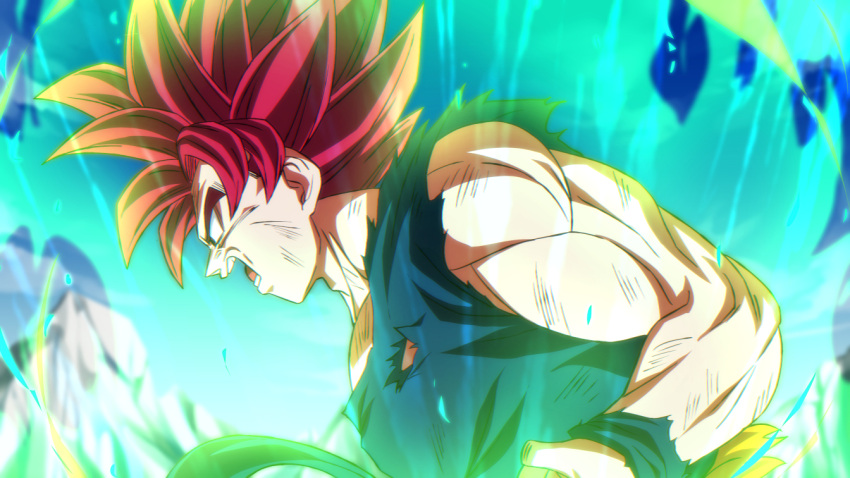 1boy aura battle_damage blue_sky blurry blurry_background dougi dragon_ball dragon_ball_super dragon_ball_super_broly glacier male_focus muscular muscular_male open_mouth redhead rom_(20) sky solo son_goku spiky_hair super_saiyan super_saiyan_god torn_clothes transformation