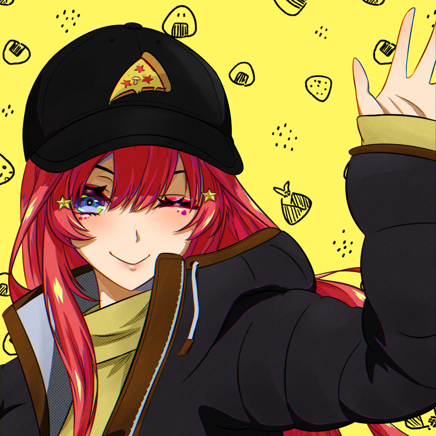 1girl ;) absurdres baseball_cap black_coat black_headwear blue_eyes closed_mouth coat floating_hair go-toubun_no_hanayome hair_ornament hat highres long_hair long_sleeves makeup mascara nakano_itsuki one_eye_closed open_clothes open_coat redhead shippaidayo sleeves_past_wrists smile solo star_(symbol) star_hair_ornament sweater upper_body yellow_background yellow_sweater