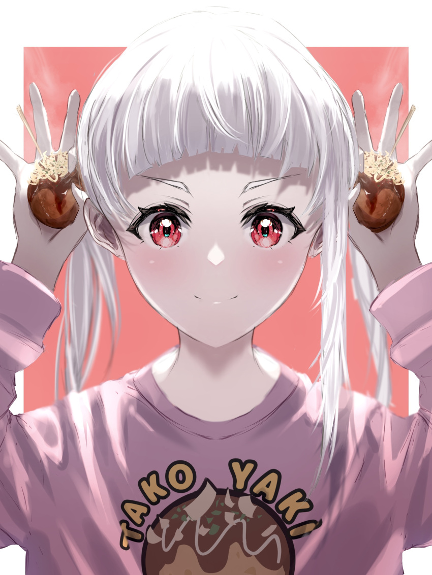 1girl absurdres arashi_chisato bangs blunt_bangs blush border closed_mouth food highres holding holding_food long_hair long_sleeves looking_at_viewer love_live! love_live!_superstar!! n_aaa01 pink_background pink_shirt print_shirt red_eyes shirt silver_hair smile solo takoyaki twintails upper_body white_border