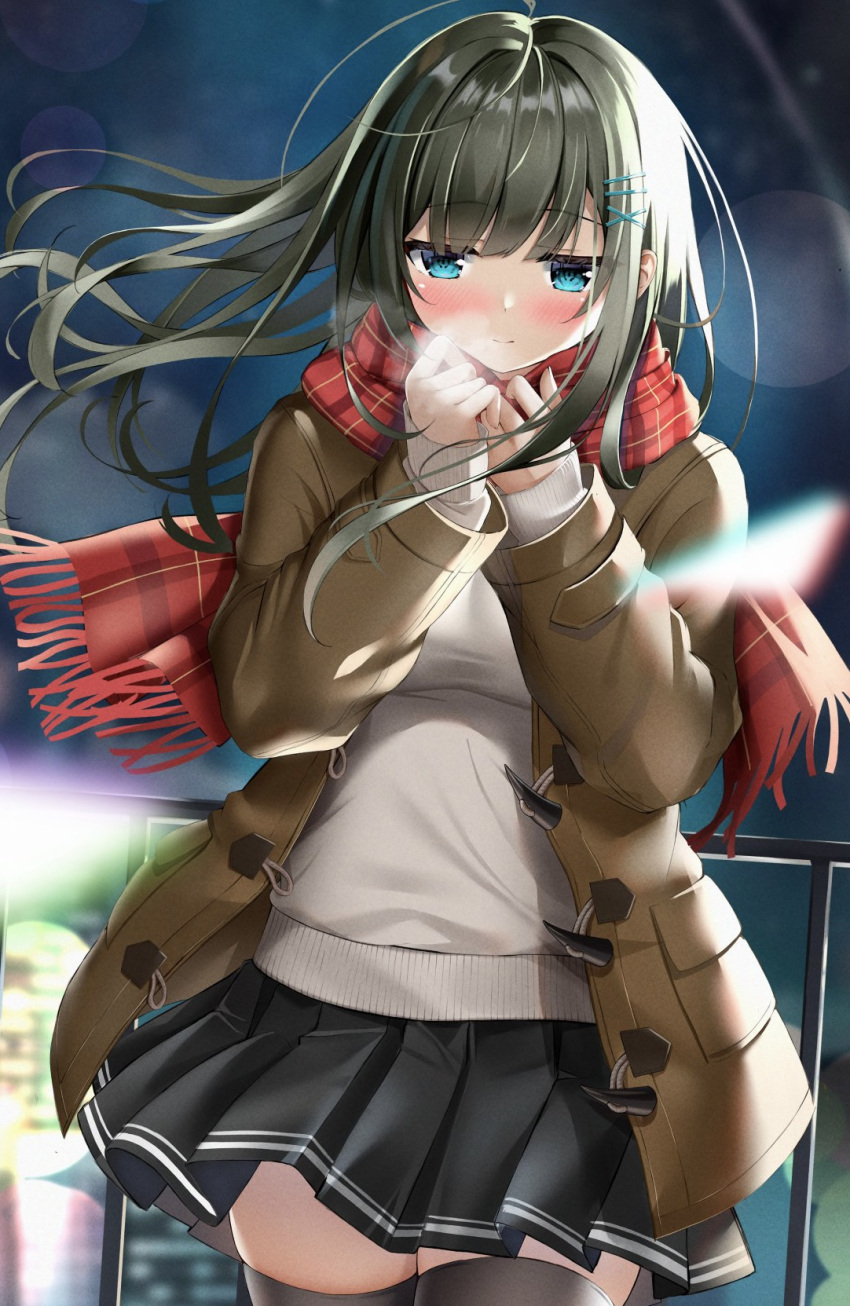 1girl bangs black_hair black_legwear black_skirt blue_eyes blunt_bangs blurry blurry_background blurry_foreground blush breasts breath brown_coat closed_mouth coat cowboy_shot duffel_coat hair_ornament hairclip hands_up highres large_breasts lens_flare long_hair mahiro_(mahiron1062) night night_sky open_clothes open_coat original outdoors plaid plaid_scarf pleated_skirt railing red_scarf scarf skirt sky sleeves_past_wrists solo sweater thigh-highs thighs white_sweater x_hair_ornament zettai_ryouiki