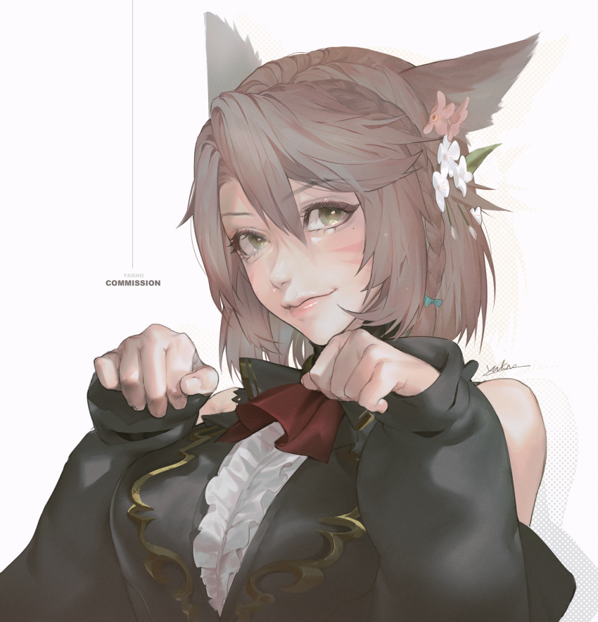 1girl animal_ears aqua_bow artist_name bare_shoulders bow braid brown_hair cat_ears closed_mouth commission eyebrows_visible_through_hair facial_mark final_fantasy final_fantasy_xiv fingernails flower frills green_eyes hair_between_eyes hair_flower hair_ornament highres light_brown_hair mayak666 medium_hair miqo'te mole mole_under_eye paw_pose pink_flower pink_lips signature simple_background sleeves_past_wrists solo whisker_markings white_background white_flower