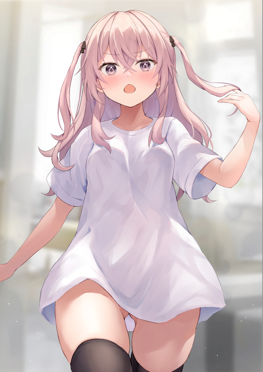 1girl absurdres asktyuni ass_visible_through_thighs bangs blurry blurry_background blush breasts commentary crossed_bangs dot_nose eyebrows_visible_through_hair hair_between_eyes hand_up highres inui_sajuna long_hair looking_at_viewer no_pants pink_hair shirt short_sleeves skindentation small_breasts solo sono_bisque_doll_wa_koi_wo_suru thigh-highs thigh_gap thighs two_side_up v-shaped_eyebrows white_shirt