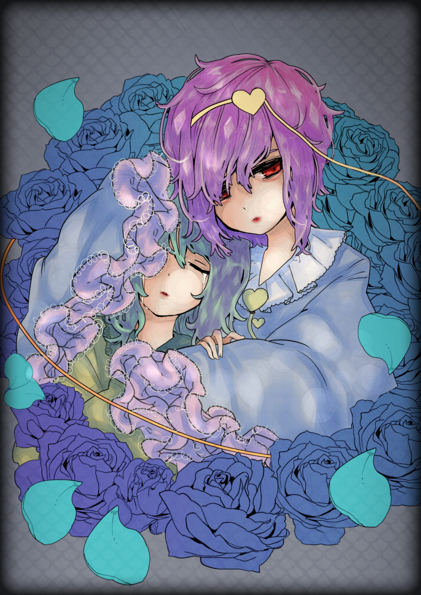 2girls absurdres bags_under_eyes blouse blue_blouse blue_flower blue_rose buttons clip_studio_paint_(medium) closed_eyes commentary crying eyebrows_behind_hair flower frilled_shirt_collar frilled_sleeves frills green_hair hair_between_eyes hair_ornament hair_over_one_eye hairband hand_on_another's_arm head_on_head head_rest head_tilt heads_together heart heart_button heart_hair_ornament highres hug komeiji_koishi komeiji_satori lips lipstick long_sleeves looking_at_viewer makeup medium_hair multiple_girls no_hat no_headwear one_eye_covered parted_lips petals purple_hair red_eyes rose rose_petals short_hair siblings sisters sleeves_past_fingers sleeves_past_wrists streaming_tears takamizawa00 tears touhou upper_body wide_sleeves yellow_blouse yellow_hairband