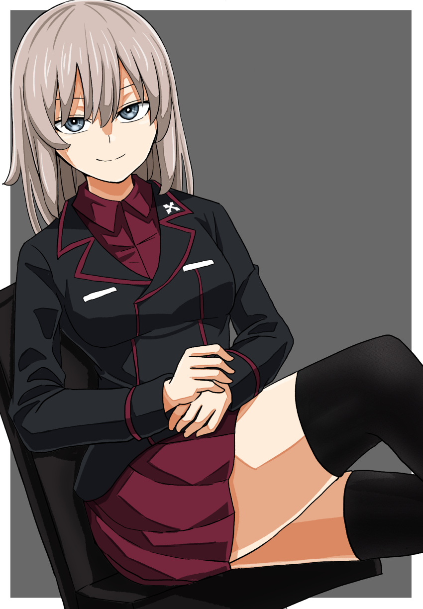 1girl bangs black_jacket black_legwear blue_eyes chair closed_mouth commentary dress_shirt from_side girls_und_panzer grey_background half-closed_eyes highres insignia itsumi_erika jacket knee_up kuromorimine_military_uniform long_sleeves looking_at_viewer medium_hair military military_uniform miniskirt natsume_mina office_chair outside_border pleated_skirt red_shirt red_skirt shirt silver_hair sitting skirt smile solo thigh-highs uniform wing_collar