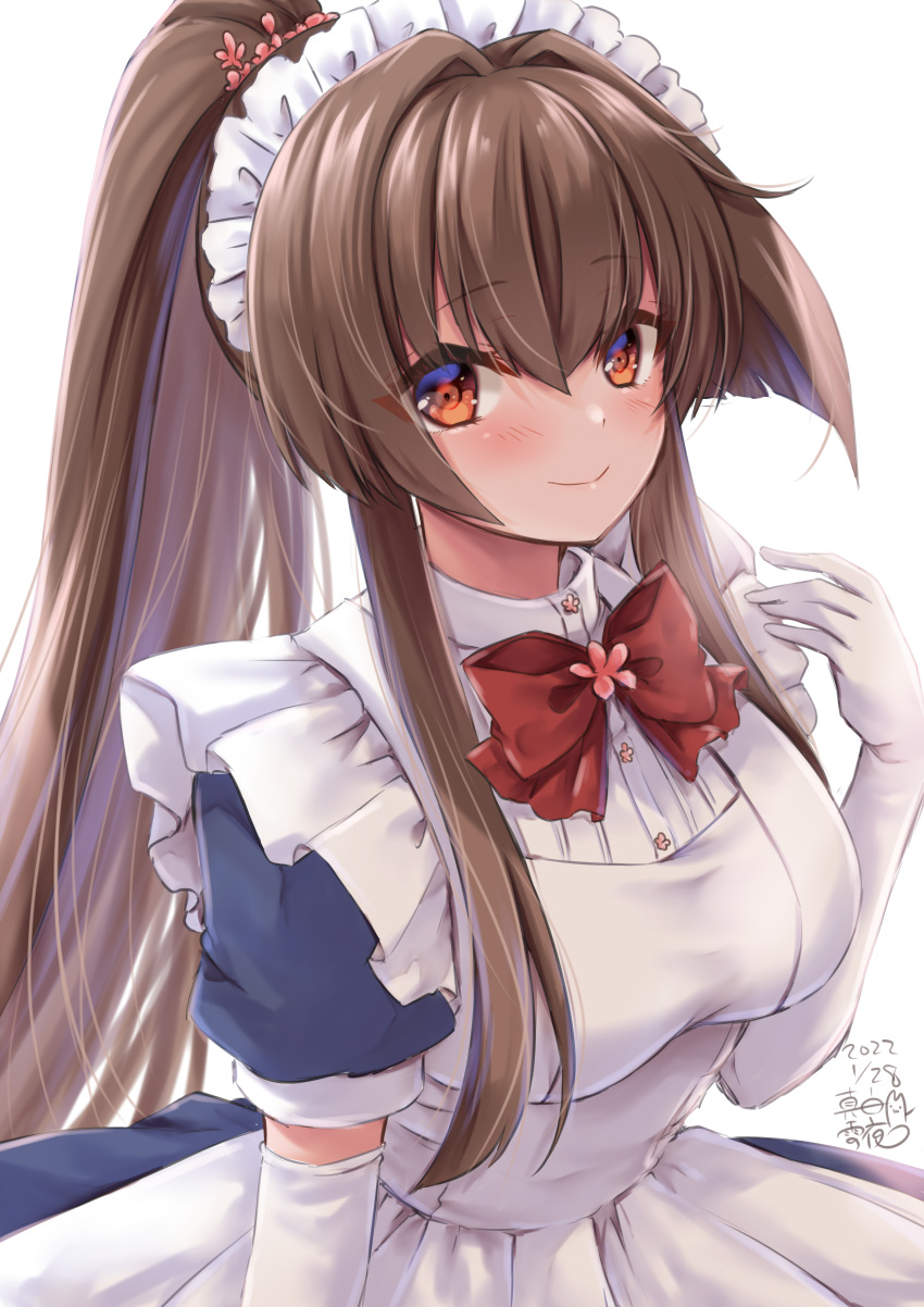 1girl absurdres alternate_costume apron artist_name black_dress blush brown_eyes brown_hair closed_mouth dated dress elbow_gloves enmaided eyebrows_visible_through_hair gloves hair_between_eyes highres kantai_collection long_hair maid maid_headdress mashiro_yukiya one-hour_drawing_challenge ponytail puffy_short_sleeves puffy_sleeves short_sleeves signature simple_background smile solo very_long_hair white_apron white_background white_gloves yamato_(kancolle)