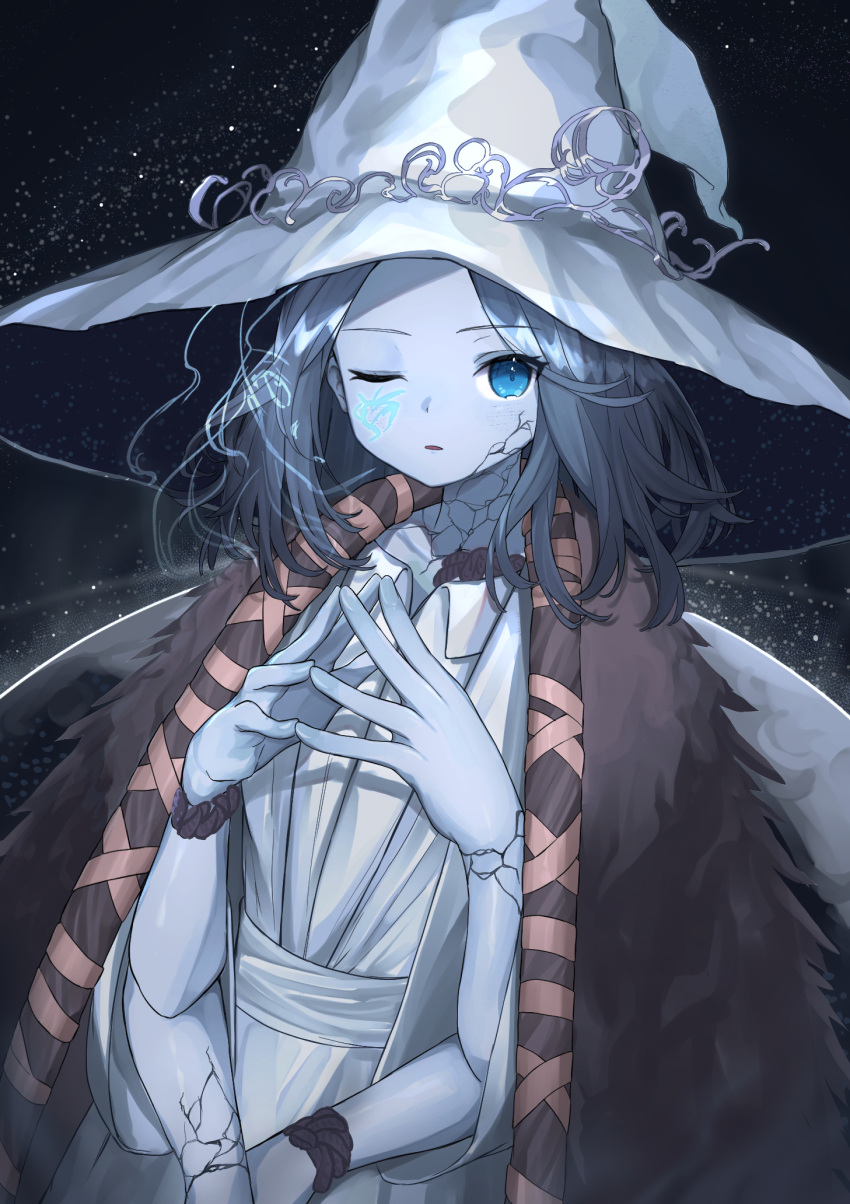 1girl bangs blue_eyes blue_hair blue_skin breasts cloak colored_skin cracked_skin doll_joints dress elden_ring extra_arms extra_faces fur_cloak glowing_tattoo hat highres joints large_hat lazu0721 long_hair looking_at_viewer one_eye_closed parted_bangs parted_lips ranni_the_witch small_breasts solo white_dress white_headwear witch witch_hat