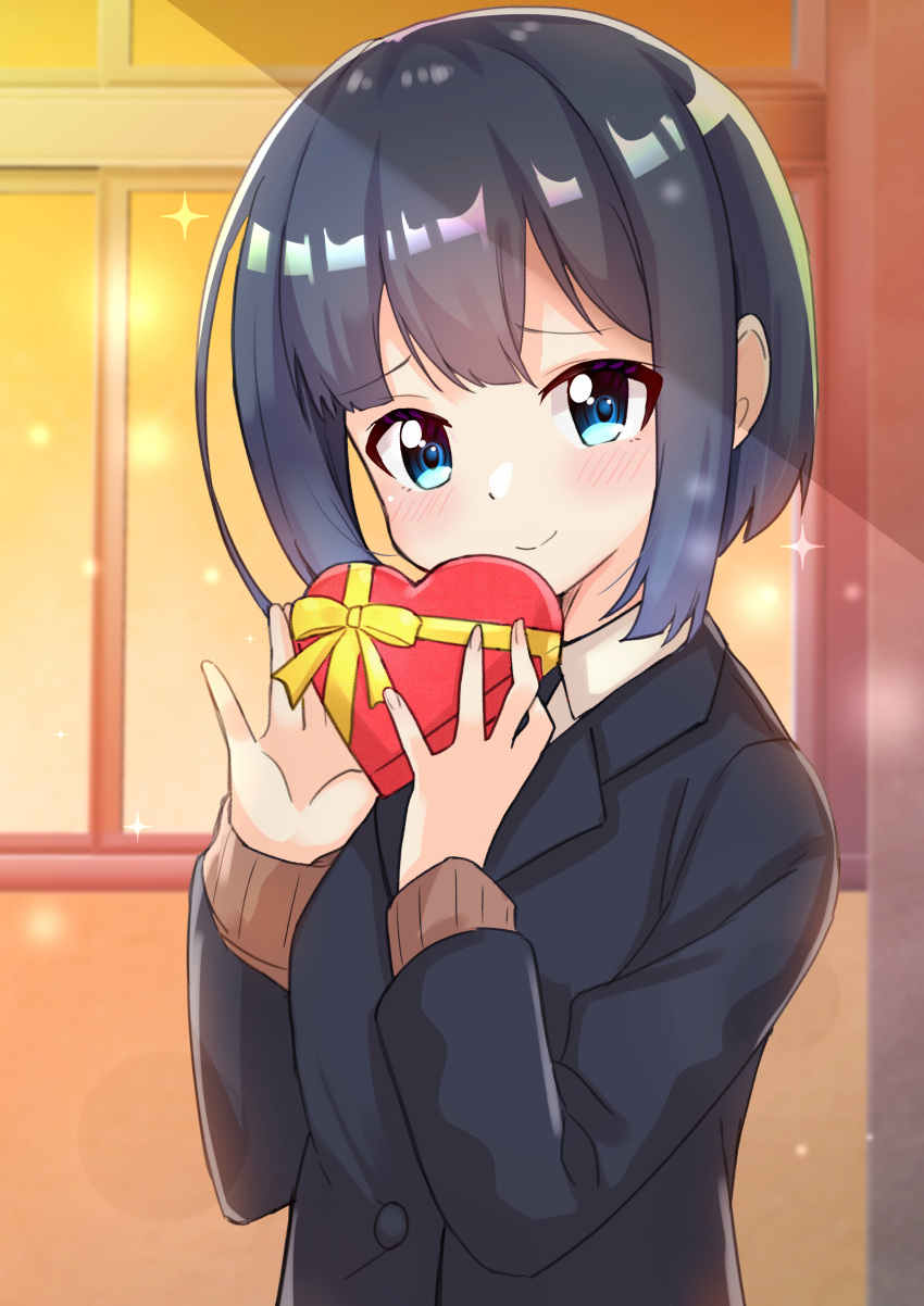 1girl absurdres ao_(flowerclasse) bangs black_hair black_jacket blue_eyes blush box brown_sweater closed_mouth collared_shirt commentary_request eyebrows_visible_through_hair gift gift_box hands_up heart-shaped_box highres holding holding_gift jacket long_sleeves looking_at_viewer minagi_hiyori school_uniform shirt slow_loop smile solo sweater upper_body valentine white_shirt