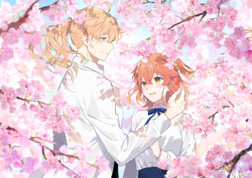 1boy 1girl :d ahoge alternate_costume artoria_pendragon_(fate) bangs blue_bow blue_skirt blush bow bowtie cherry_blossoms collared_shirt commentary_request cosplay fate/grand_order fate_(series) flower fujimaru_ritsuka_(female) fujimaru_ritsuka_(female)_(anniversary_blonde) green_eyes hair_ornament hair_scrunchie hand_up long_hair long_sleeves looking_at_another n_oel official_alternate_costume one_side_up orange_eyes orange_hair pink_flower ponytail romani_archaman saber saber_(cosplay) scrunchie shirt side_ponytail skirt smile upper_body white_shirt