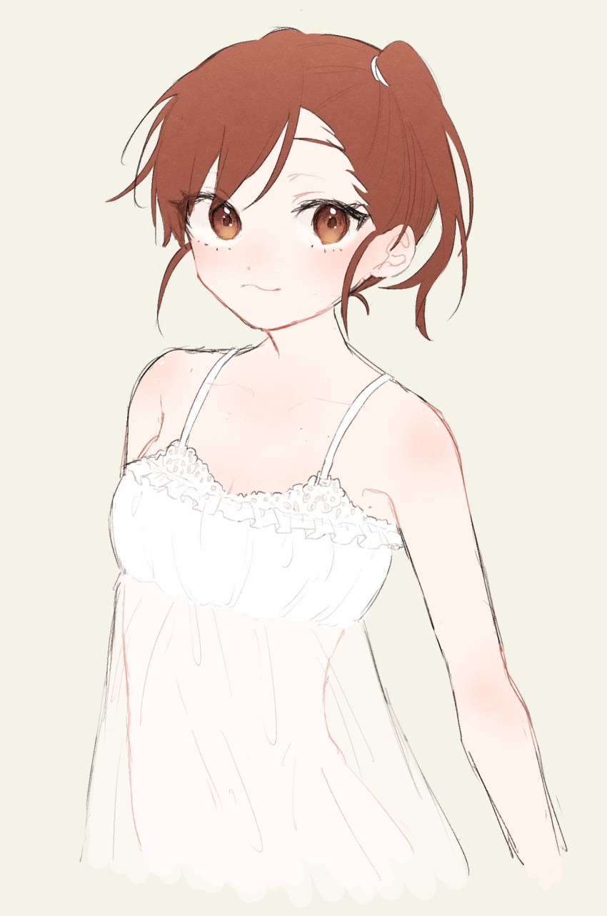 1girl asymmetrical_bangs bangs blush breasts brown_hair cropped_torso dress futami_mami highres idolmaster idolmaster_(classic) idolmaster_million_live! ishiko_(kuensan) lace-trimmed_dress lace_trim looking_at_viewer off-shoulder_dress off_shoulder one_side_up see-through_dress small_breasts smile solo upper_body white_dress