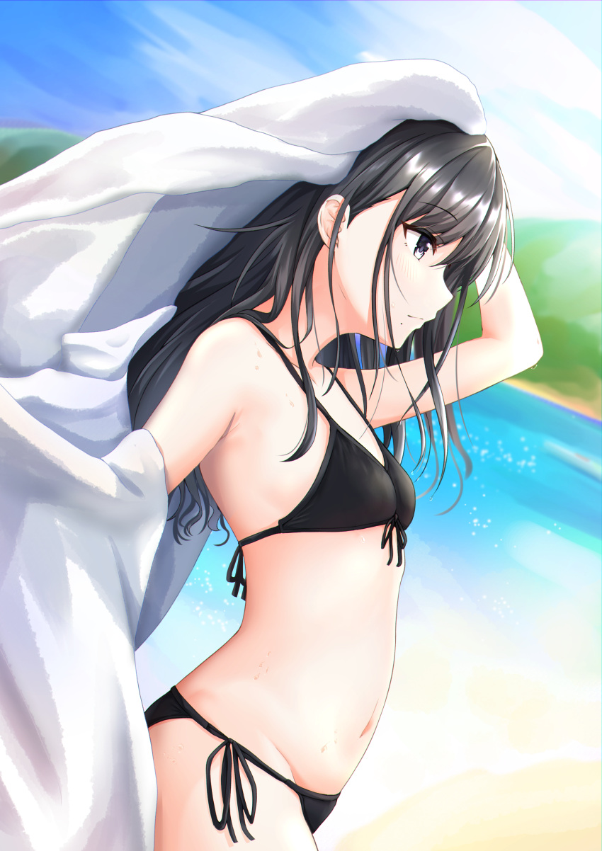 1girl absurdres bikini black_bikini black_hair blush breasts groin highres idolmaster idolmaster_shiny_colors kazano_hiori looking_afar midriff mole mole_under_mouth nagmilk navel outdoors profile side-tie_bikini small_breasts solo straight_hair swimsuit towel