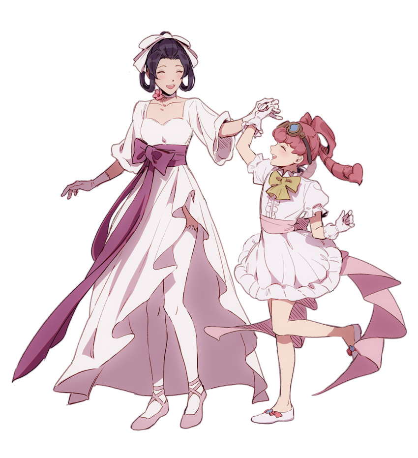 2girls ace_attorney bow dress formal full_body gloves goggles goggles_on_head hair_rings highres holding_hands iris_wilson multiple_girls pink_hair simple_background smile sophie_(693432) susato_mikotoba the_great_ace_attorney thigh-highs white_background white_bow white_dress white_gloves yellow_bow