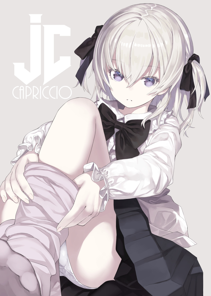 1girl absurdres artist_name bangs black_bow black_skirt bow capriccio commentary eyebrows_visible_through_hair fingernails grey_background hair_between_eyes hair_bow highres long_hair long_sleeves mashiro_icone original pale_skin panties parted_lips pink_legwear pleated_skirt shirt silver_hair simple_background sitting skirt solo thighhighs_pull two_side_up underwear violet_eyes white_panties white_shirt