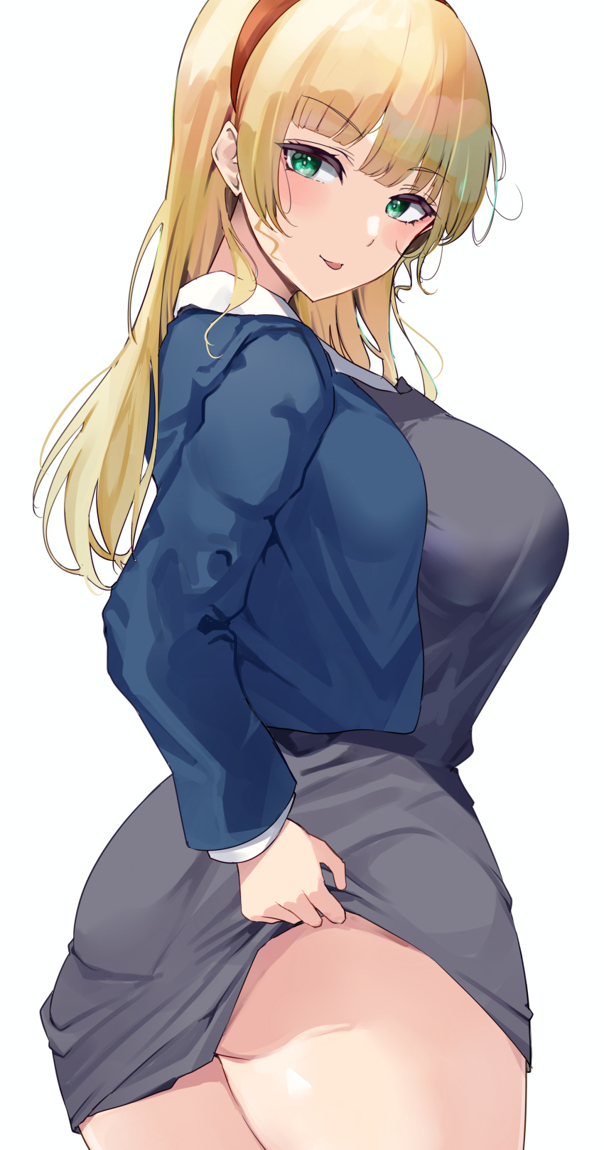 1girl absurdres blonde_hair blue_jacket breasts clothes_lift collared_shirt from_side green_eyes hairband heanna_sumire highres jacket large_breasts lifted_by_self long_hair looking_at_viewer love_live! love_live!_superstar!! namazu_(yamasonson) nijigasaki_academy_uniform red_hairband school_uniform shirt skirt skirt_lift solo tongue tongue_out white_shirt