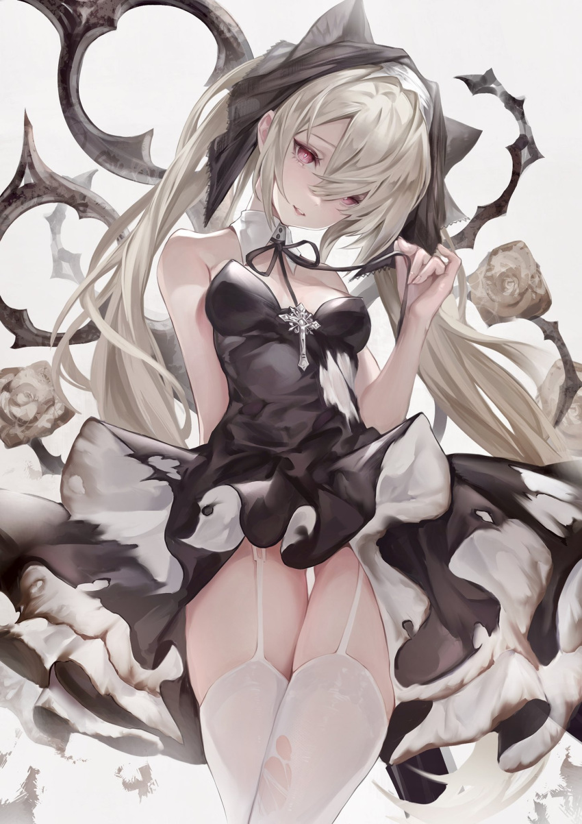 1girl animal_ear_fluff animal_ears bangs bare_arms bare_shoulders black_dress black_ribbon breasts cat_ears deadprince detached_collar dress garter_straps hair_between_eyes highres holding holding_ribbon light_brown_hair long_hair looking_at_viewer medium_breasts neck_ribbon original parted_lips red_eyes ribbon solo standing strapless strapless_dress thigh-highs twintails very_long_hair white_legwear