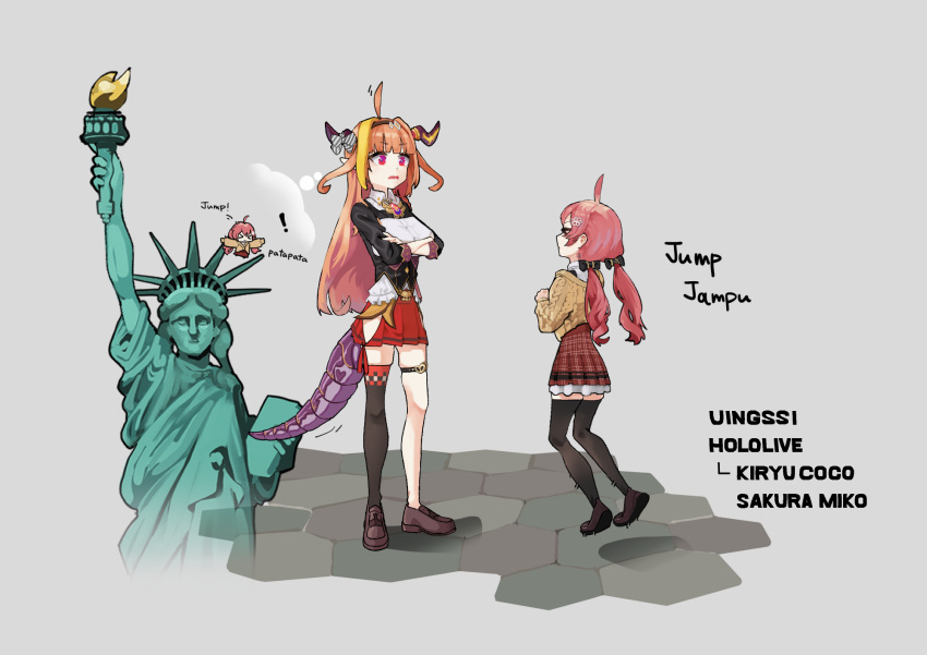 ! &gt;_&lt; 2girls ahoge black_legwear breasts cardigan crossed_arms dongdong_(0206qwerty) dragon_girl dragon_horns dragon_tail english_text full_body gradient_hair highres hololive horns jumping kiryu_coco large_breasts multicolored_hair multiple_girls new_york orange_hair pink_hair sakura_miko shoes standing statue_of_liberty tail talking thigh-highs yellow_cardigan