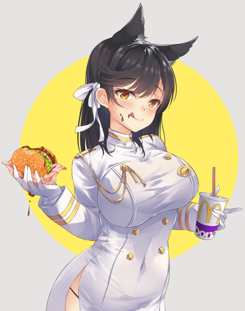 1girl animal_ears atago_(azur_lane) azur_lane bangs black_hair blush breasts brown_eyes burger commentary_request covered_navel cup disposable_cup drinking_straw eyebrows_visible_through_hair food gloves highres holding holding_food iroha_(unyun) large_breasts lips logo long_hair long_sleeves looking_at_viewer mcdonald's mole mole_under_eye sauce shiny shiny_hair simple_background smile tied_hair tongue tongue_out uniform upper_body white_gloves