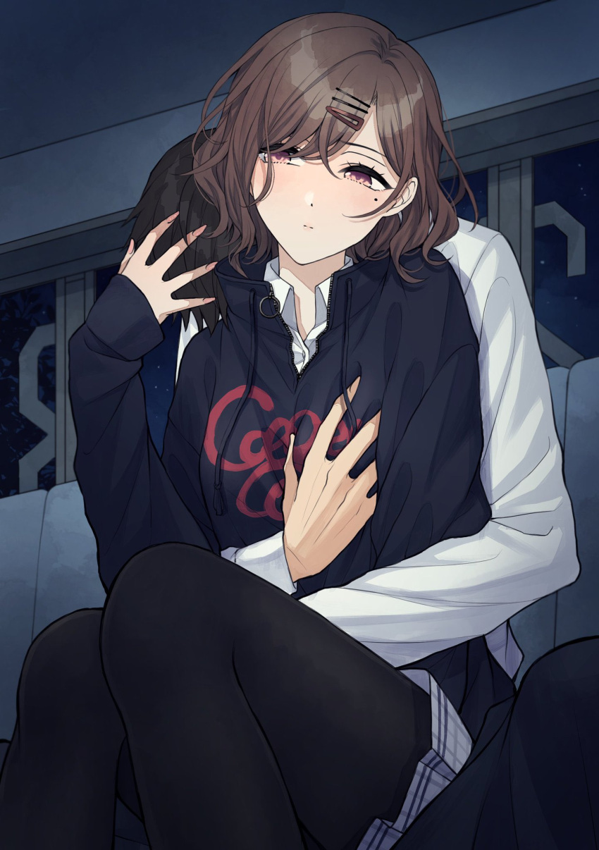 1boy 1girl ae_iueo black_hair black_legwear couch expressionless hand_on_another's_chest hand_on_another's_head hetero highres higuchi_madoka hug hug_from_behind idolmaster idolmaster_shiny_colors indoors looking_at_another mole mole_under_eye night night_sky office on_couch on_person pantyhose plaid plaid_skirt pleated_skirt print_shirt producer_(idolmaster) red_eyes redhead school_uniform shirt short_hair sitting skirt sky wavy_hair white_shirt