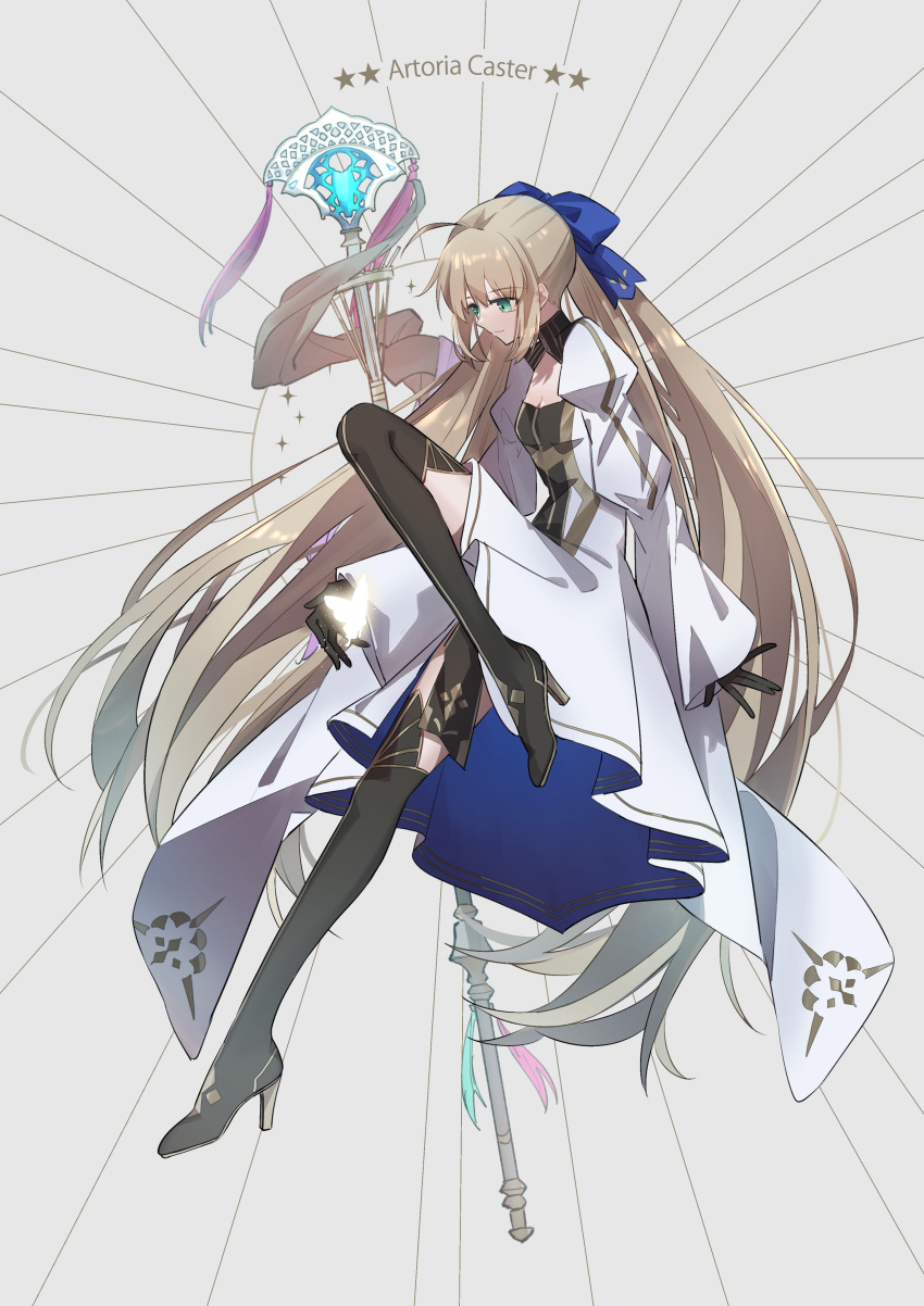 1girl absurdres ahoge artoria_pendragon_(caster)_(fate) artoria_pendragon_(fate) bangs black_footwear black_gloves black_legwear blonde_hair blue_bow boots bow bug butterfly character_name closed_mouth clothing_cutout commentary_request dress eyebrows_visible_through_hair fate/grand_order fate_(series) gloves glowing_butterfly green_eyes hair_between_eyes hair_bow high_heels highres holding holding_staff holding_weapon long_hair long_sleeves nayu_tundora smile staff thigh-highs twintails very_long_hair weapon white_background white_dress wide_sleeves