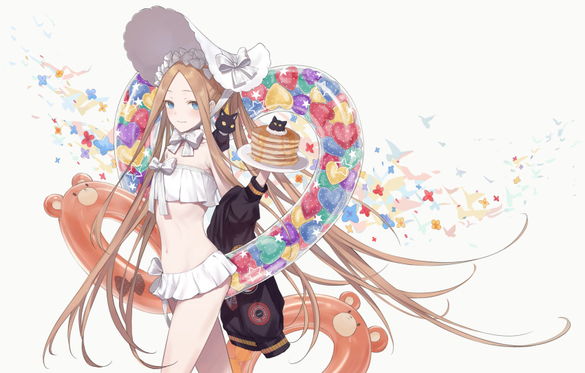 1girl abigail_williams_(fate) abigail_williams_(swimsuit_foreigner)_(fate) animal bikini black_jacket blonde_hair blue_eyes bonnet cat fate/grand_order fate_(series) flat_chest food forehead grey_background highres holding holding_plate jacket light_smile long_hair looking_at_viewer navel ovonkmr pancake plate smile solo standing stomach swimsuit very_long_hair white_bikini