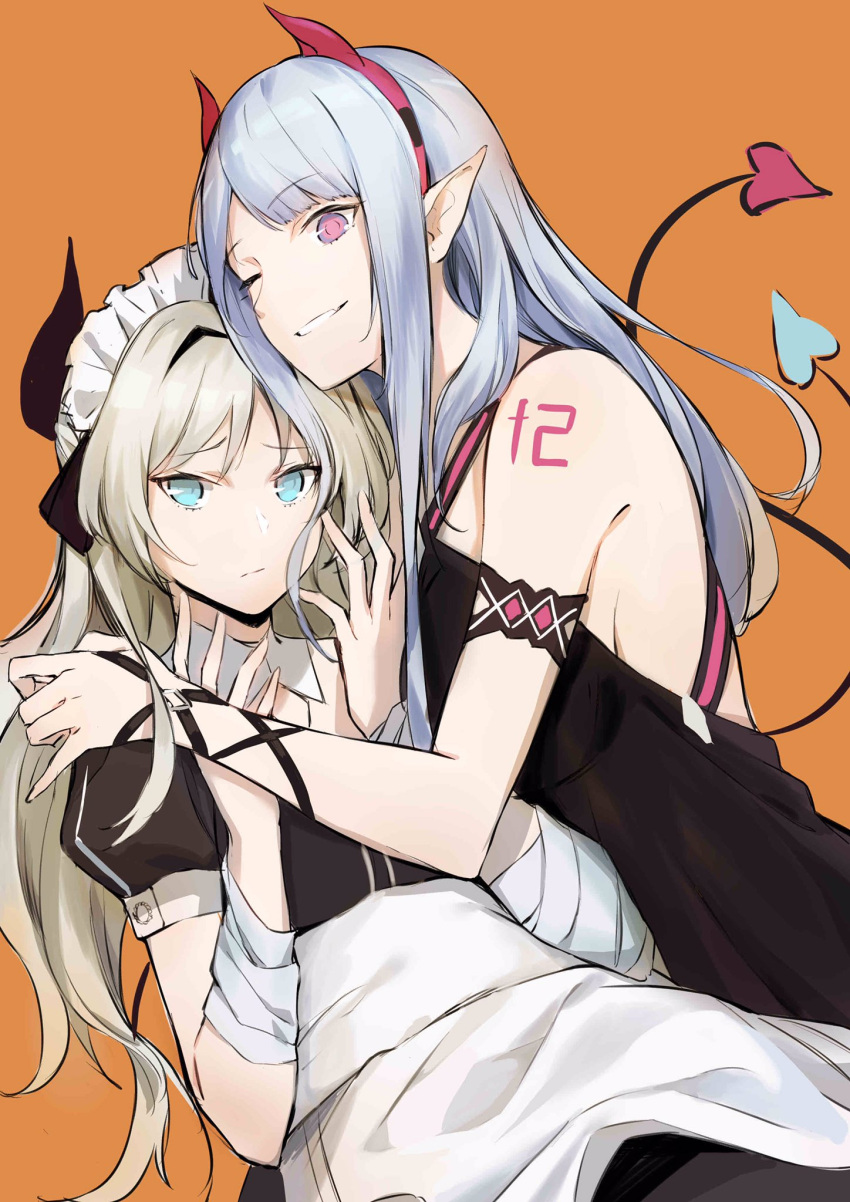 2girls ak-12_(girls'_frontline) alternate_costume an-94_(girls'_frontline) apron aqua_eyes bangs black_dress blonde_hair breasts closed_mouth demon_girl demon_horns demon_tail dress eyebrows_visible_through_hair fake_horns fake_tail girls_frontline halloween halloween_costume highres horns jhcrow3 long_hair looking_at_viewer maid maid_apron maid_headdress medium_breasts multiple_girls one_eye_closed orange_background pointy_ears sideboob silver_hair smile tail violet_eyes