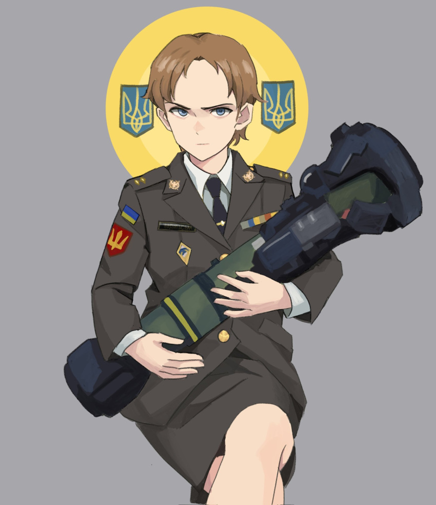 1girl black_necktie blue_eyes brown_hair closed_mouth commentary_request expressionless feet_out_of_frame highres holding holding_rocket_launcher long_sleeves looking_at_viewer military military_uniform necktie original perfect_han rocket_launcher shirt short_hair sitting skirt solo ukraine ukrainian_flag uniform weapon white_shirt