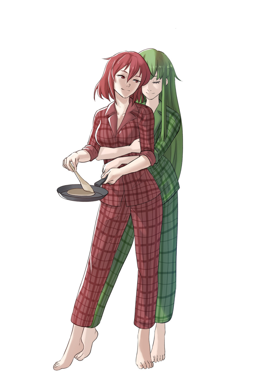 2girls absurdres barefoot breasts closed_eyes feet fire_emblem fire_emblem:_mystery_of_the_emblem frying_pan green_hair hair_between_eyes highres hug long_hair medium_breasts minerva_(fire_emblem) multiple_girls pajamas palla_(fire_emblem) pomelomelon red_eyes redhead short_hair smile toes very_long_hair white_background