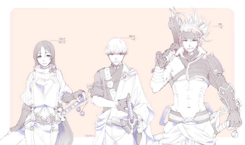 1girl 2boys :d armor artist_name axe bandages bangs bare_pectorals bowl_cut contrapposto expressionless fate/grand_order fate_(series) fingerless_gloves gloves hand_on_weapon height_chart height_difference japanese_clothes katana kimono loincloth long_hair looking_at_viewer mature_female messy_hair minamoto_no_raikou_(fate) monochrome multiple_boys muscular muscular_male obi osanai_satoru parted_bangs pectorals pink_background ribbed_sleeves ribbon sakata_kintoki_(fate) sakata_kintoki_(heian_warrior_attire)_(fate) sash sheath short_hair short_sleeves shoulder_armor smile sword tassel very_long_hair watanabe_no_tsuna_(fate) wavy_hair weapon wide_sleeves